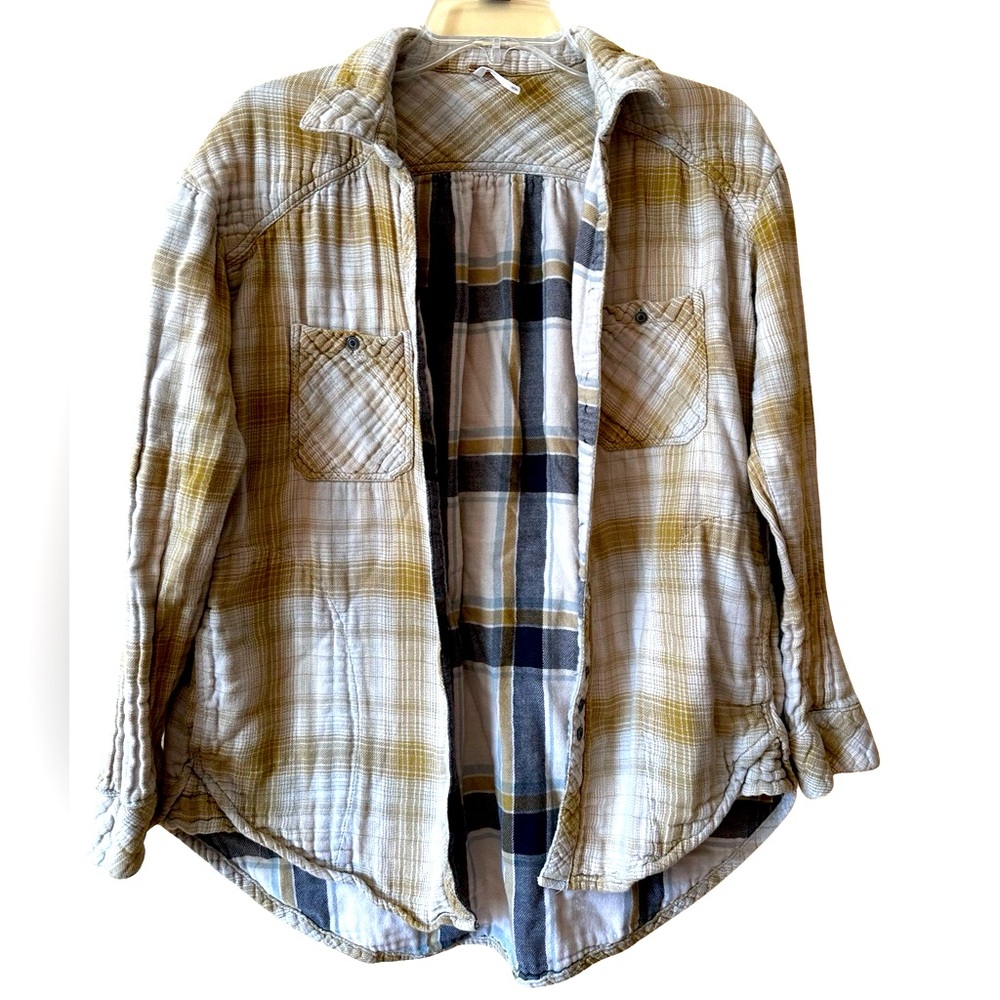 Free People Button Down Shirt Womens S Yellow Brown Plaid Flannel Boho Western